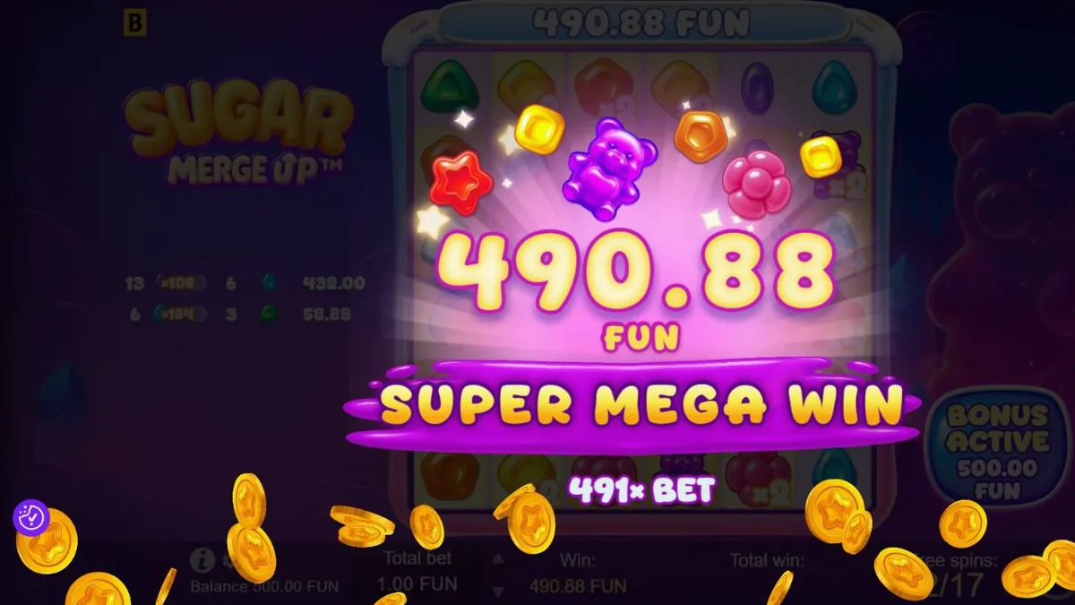 Tampilan visual ceria dari slot Sugar Merge Up dengan tema permen dan gummy bear.
