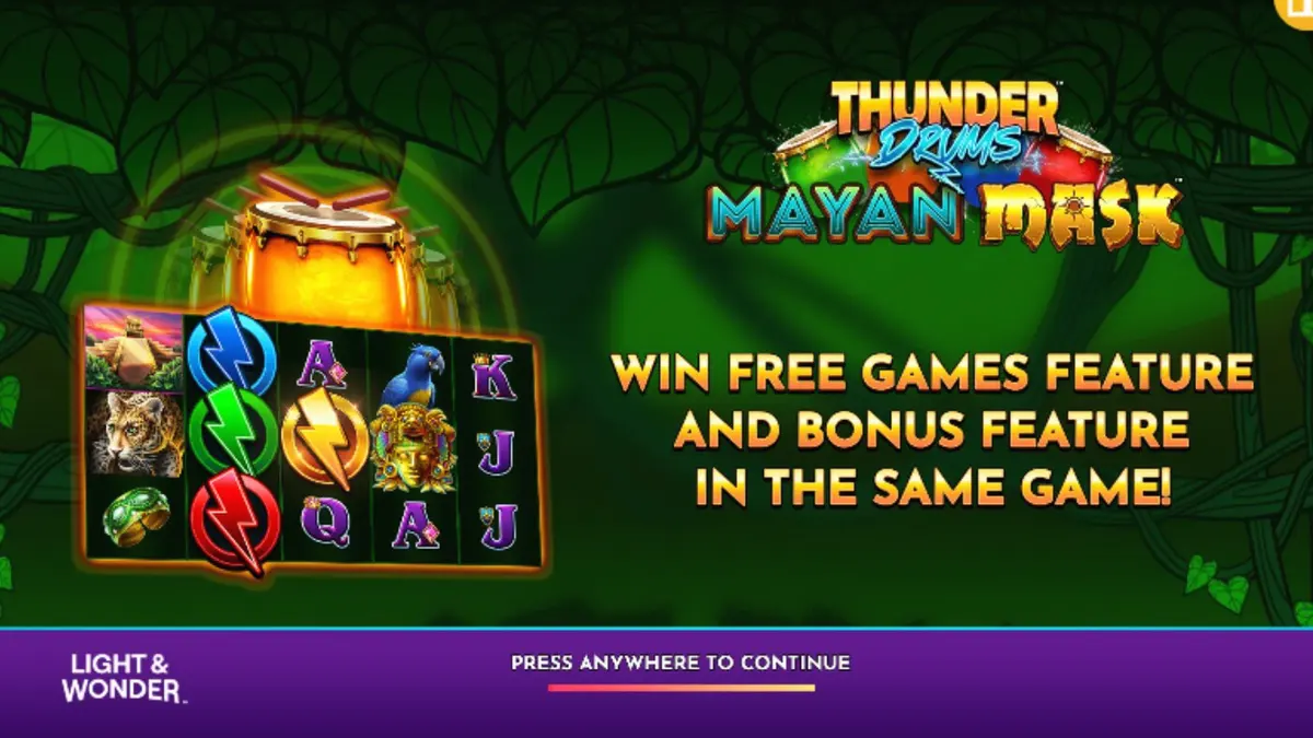 Visual atmosferik dari slot Thunder Drums Mayan Mask dengan latar belakang kuil Maya kuno dan simbol-simbol emas yang bercahaya.